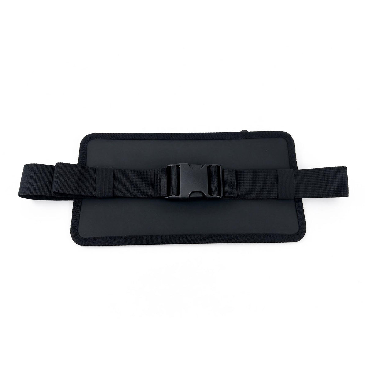 Phone Pouch black rear panel, close view of the center buckle and adjustable webbing strap.