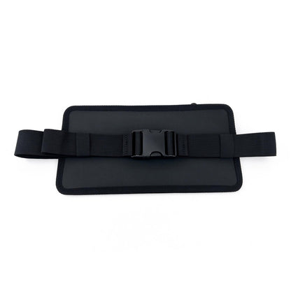 Phone Pouch black rear panel, close view of the center buckle and adjustable webbing strap.