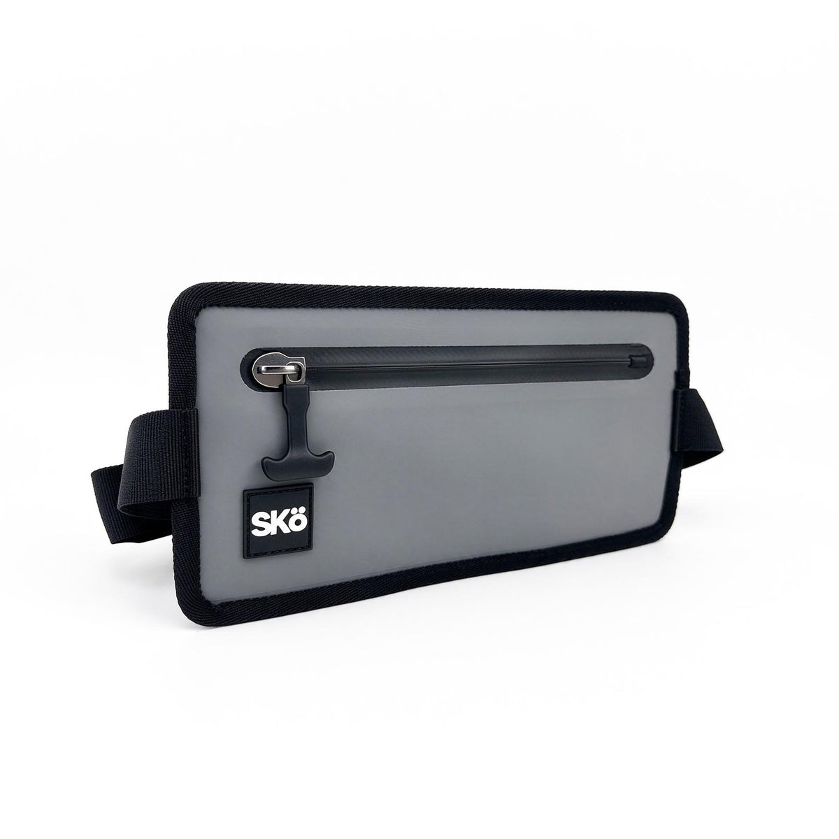 Phone Pouch in Stone Gray, angled studio view showing the waterproof zipper, black trim and adjustable straps.