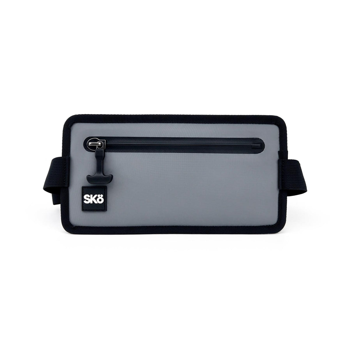 Phone Pouch in Stone Gray, straight-on front product view with black zipper and SKÖ logo.