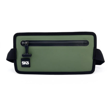 Phone Pouch in Olive Green, front product view with black waterproof zipper, SKÖ logo and side strap loops.