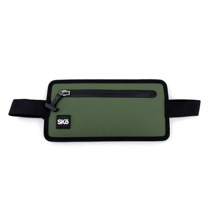 Phone Pouch in Olive Green, centered studio view highlighting the sealed zipper and strap attachments.