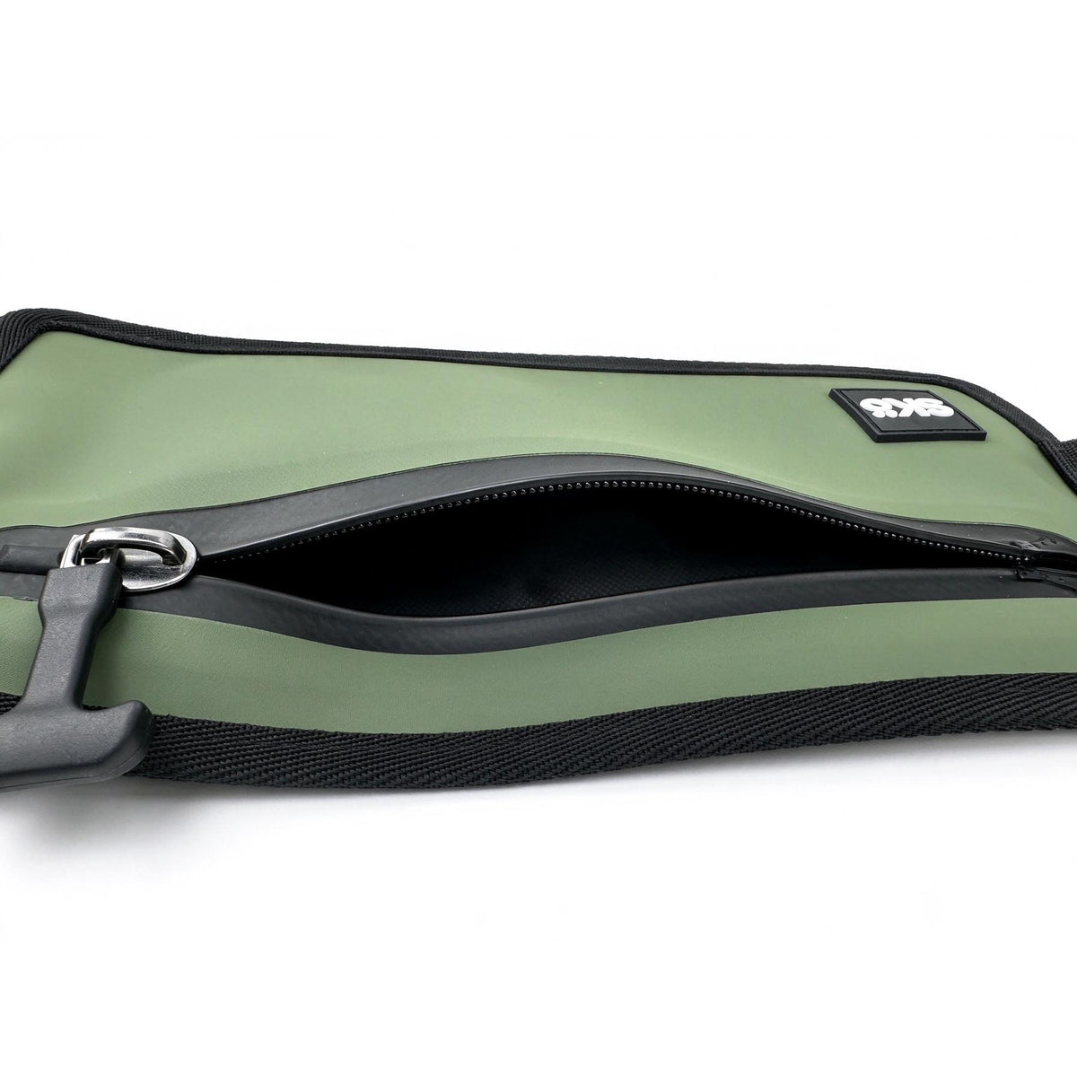 Phone Pouch in Olive Green, close view of the unzipped opening and black interior lining.