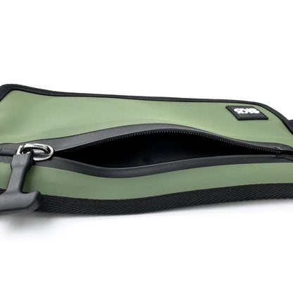 Phone Pouch in Olive Green, close view of the unzipped opening and black interior lining.