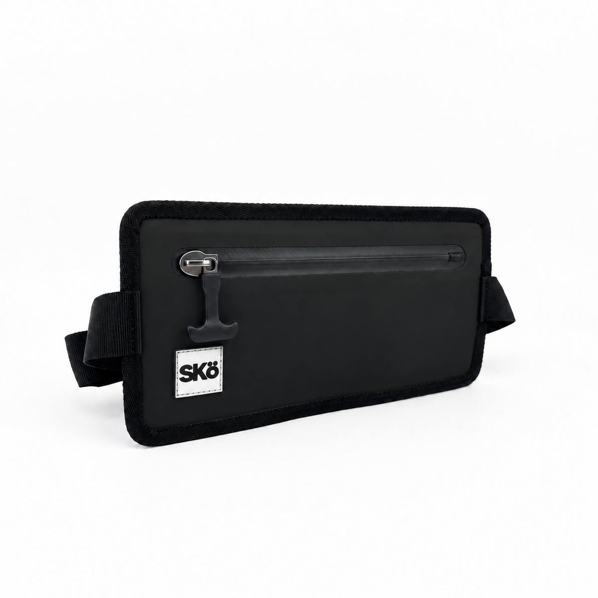 Phone Pouch in Matte Black, angled front view of the SKÖ waterproof pouch with white square logo, sealed zipper and strap loops.