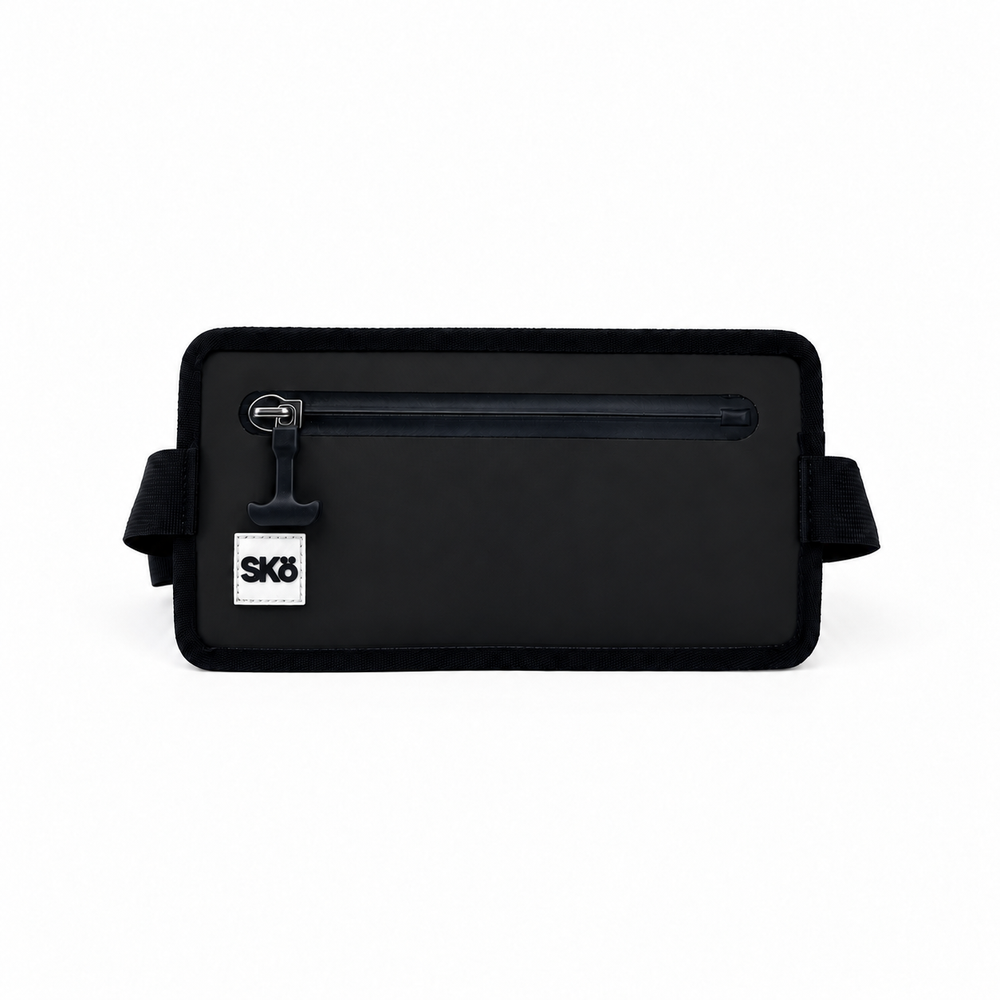 Phone Pouch in Matte Black, SKÖ waterproof phone pouch straight-on front view with sealed zipper and white square SKÖ logo.