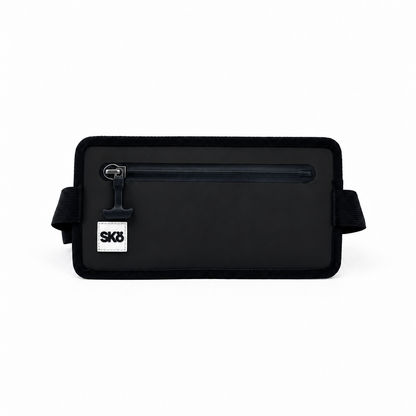 Phone Pouch in Matte Black, SKÖ waterproof phone pouch straight-on front view with sealed zipper and white square SKÖ logo.