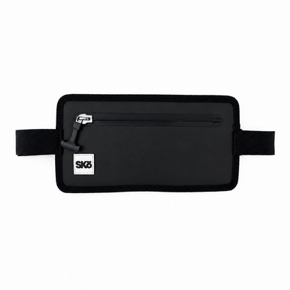 Phone Pouch in Matte Black, SKÖ waterproof phone pouch front studio photo with black straps, sealed zipper and white square SKÖ logo.