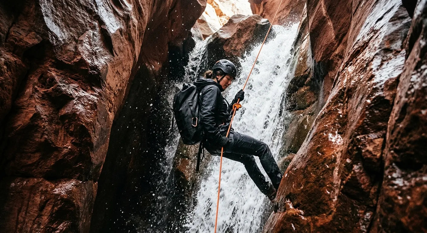 Canyoneering rappel in slot canyon