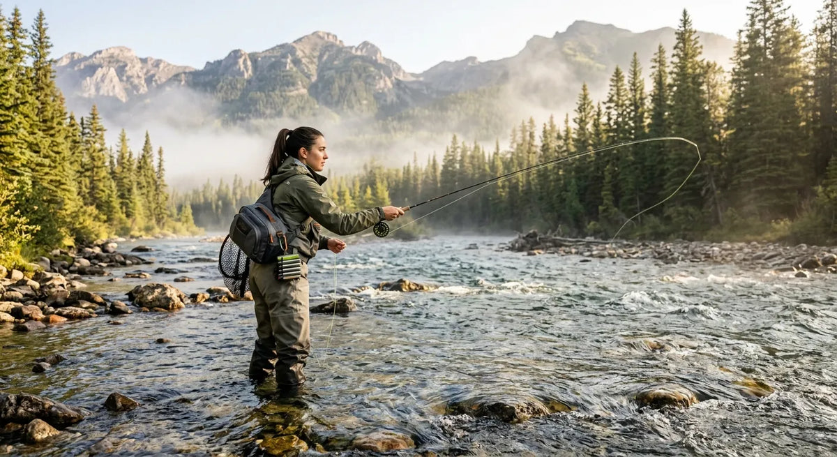 Fly fishing in mountain stream