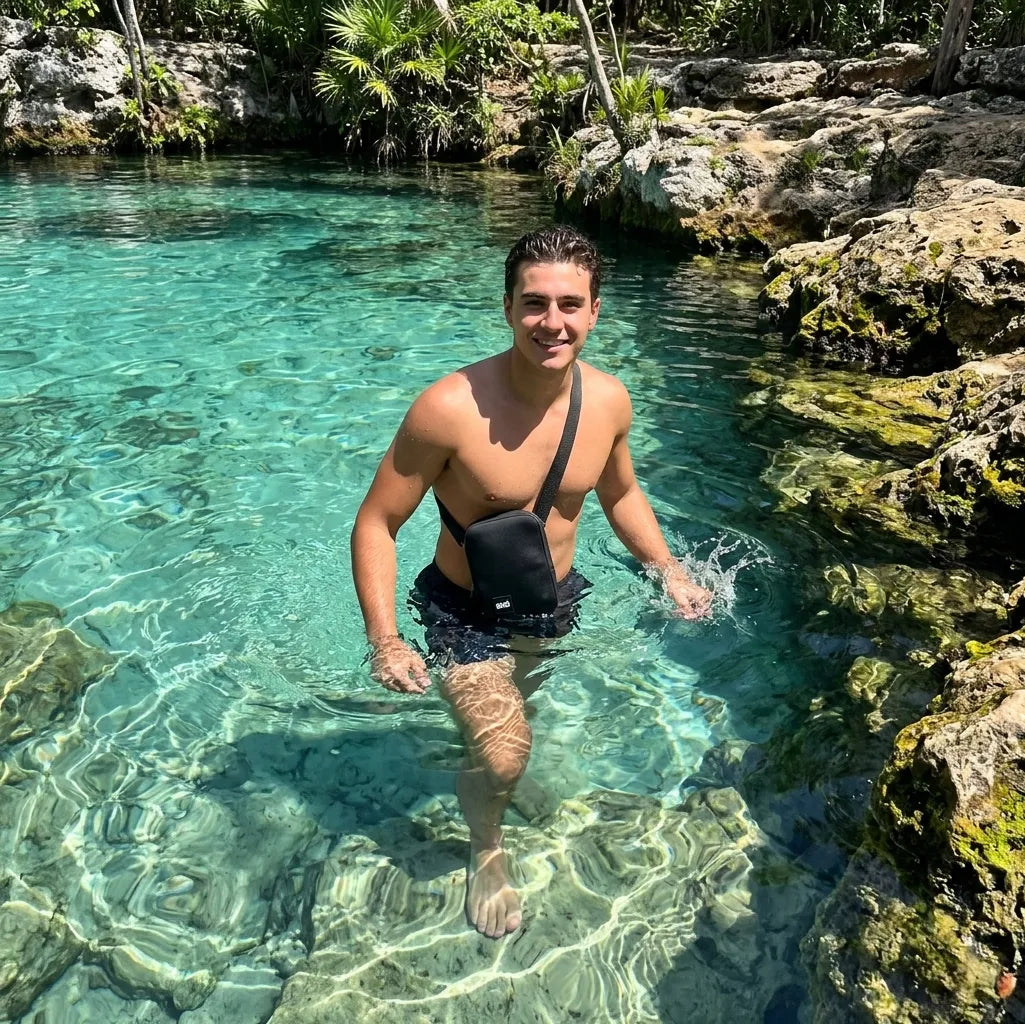 Swimming in cenote with Sko crossbody bag