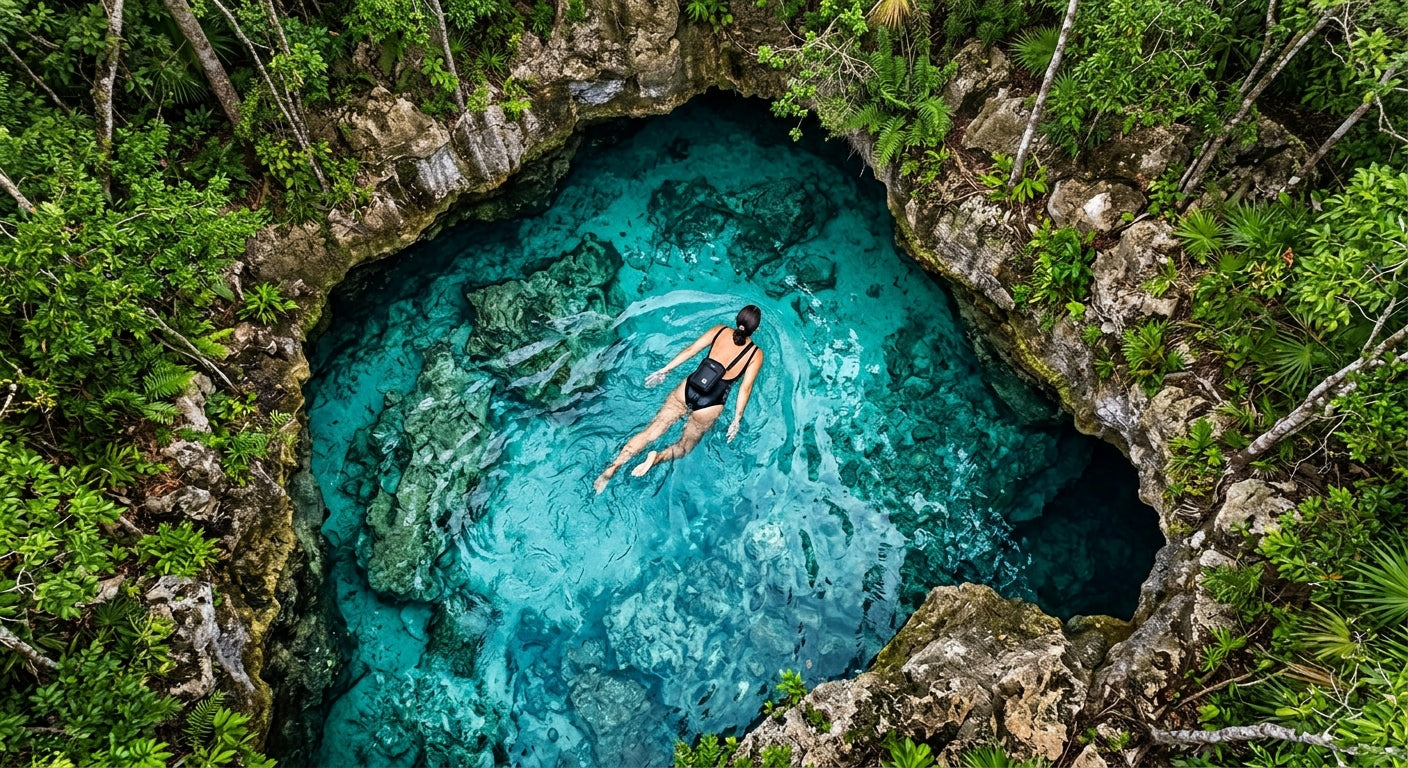 Person swimming in turquoise cenote